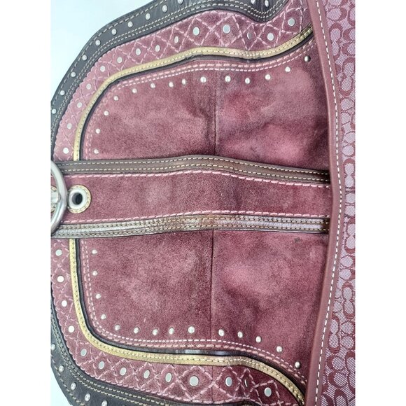 Coach Soho Signature Canvas Suede Shoulder Bag Burgundy Wine Western Country - Picture 6 of 16